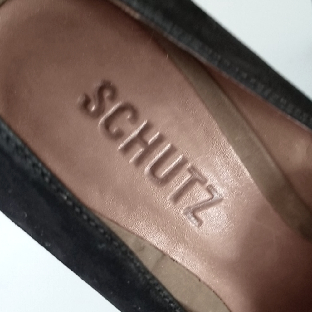 Schutz Black & Tan Pointy Toe Loafer Suede Pumps - Picture 9 of 14